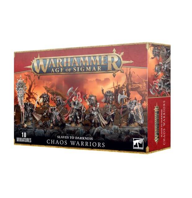 Product packaging for 'Slaves to Darkness Chaos Warriors 2023' featuring illustrations of armoured Chaos Warriors on a box cover, indicating the scale of the miniatures included in the kit.