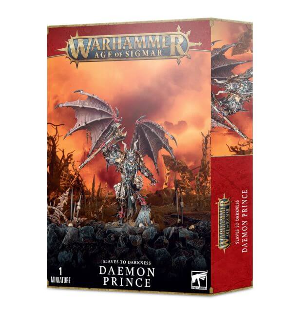 Product packaging for Warhammer Age of Sigmar's Slaves to Darkness Daemon Prince miniature, featuring the assembled and painted model on a box cover with a dramatic backdrop.