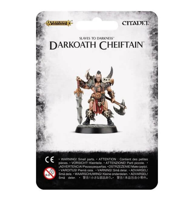 A product image featuring a card from the game 'Slaves to Darkness' with artwork of a Darkoath Chieftain, a miniature figure.