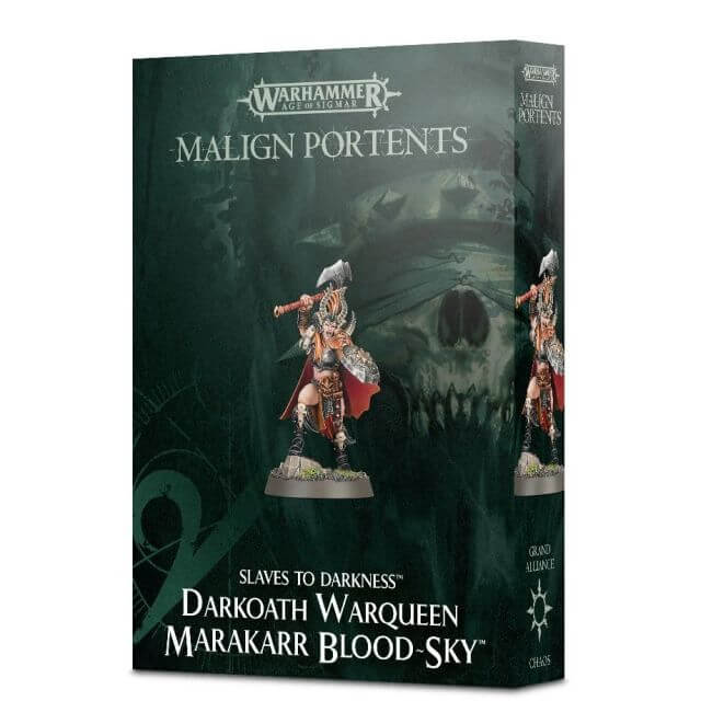 Product packaging for 'Slaves to Darkness Darkoath Warqueen Marakarr Blood-sky' featuring an illustration of a female warqueen on a horse, with a dark, foreboding backdrop.