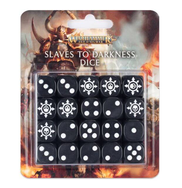 Packaging for Slaves to Darkness dice, black with white ink. 