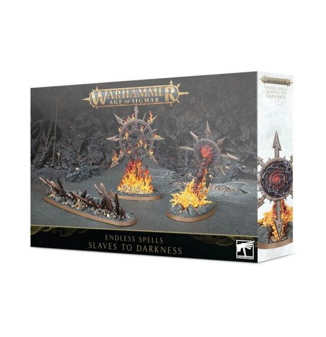Product packaging for 'Slaves to Darkness Endless Spells' featuring three plastic endless spells from the Warhammer 40,000 series, with bases and a box cover depicting chaotic magical energy.