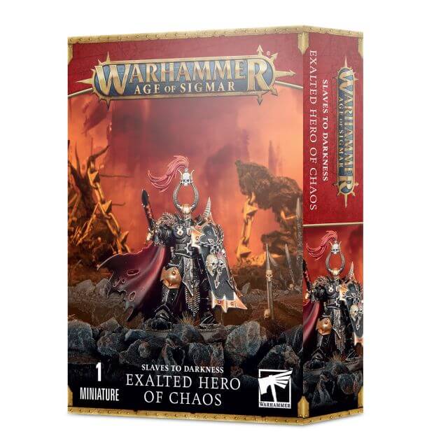 Product packaging for 'Slaves to Darkness Exalted Hero of Chaos' featuring a miniature figurine. The box displays the character in a dramatic pose with a billowing cloak and a menacing expression, against a backdrop of a battle scene.