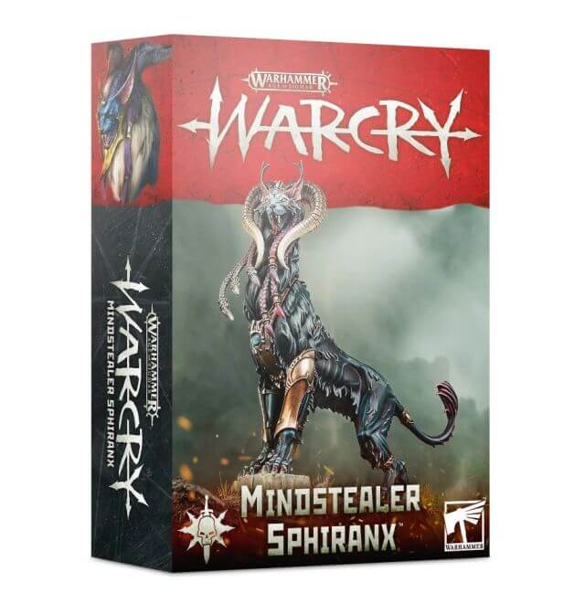 Product packaging for 'Slaves to Darkness Mindstealer Sphiranx' featuring a miniature figure of a winged creature on a box with 'Warcry' branding.