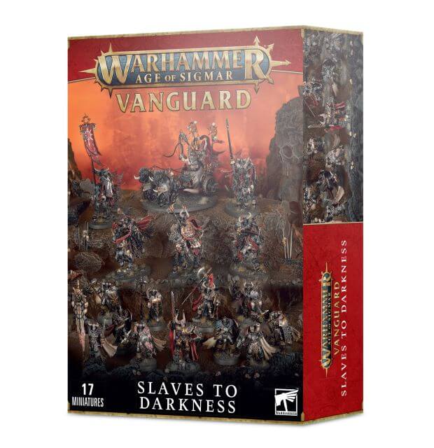 Product packaging for 'Slaves to Darkness' featuring 17 miniatures for the Warhammer Age of Sigmar game. The box is adorned with illustrations of dark, fantasy-themed imagery including characters and magical elements.