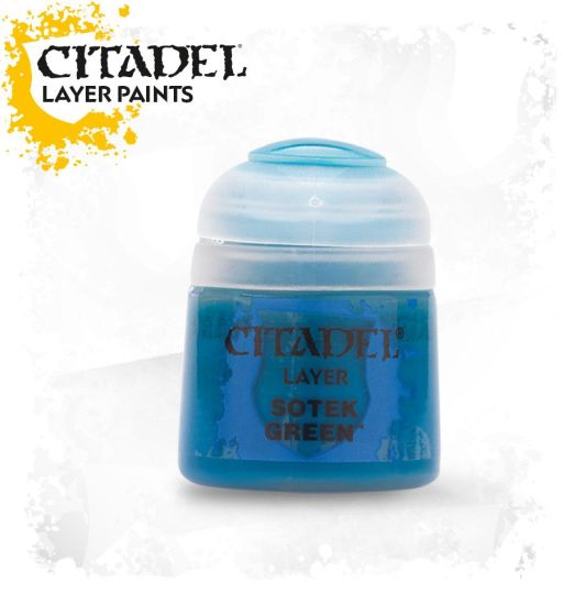 A pot of Citadel Layer paint in the color Sotek Green.