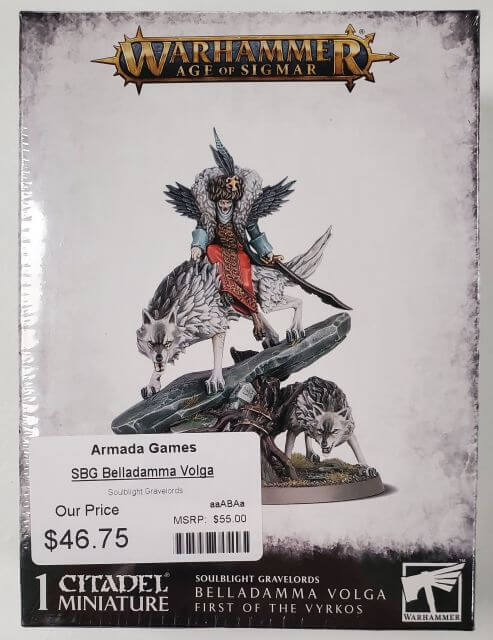 Packaging for Warhammer Age of Sigmar miniature Belladamma Volga, featuring the model on a base with a wolf and a mount, and price information.