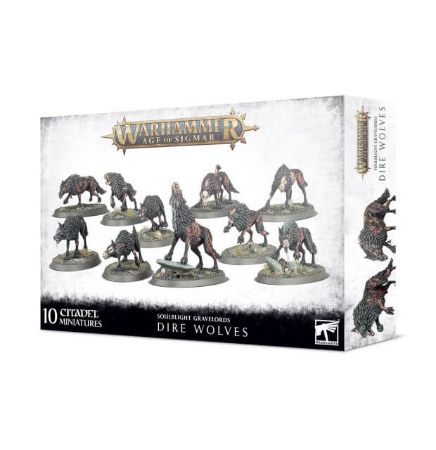 Packaging for Warhammer Age of Sigmar game featuring miniature figures of Dire Wolves. The box displays the figures on a white background with the game's logo and the number of pieces included.