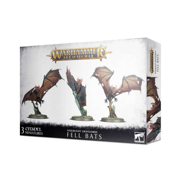 Packaging for Warhammer Age of Sigmar game featuring three Fell Bats models on round bases.