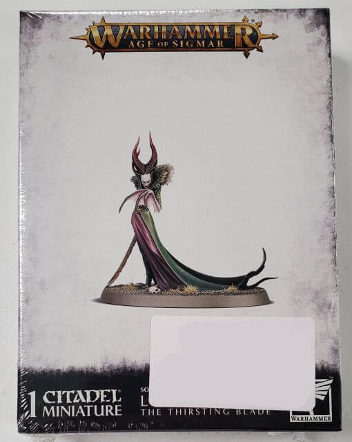 Warhammer Age of Sigmar miniature packaging with a character on a stand.