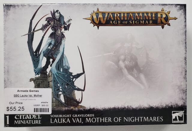 Packaging for Warhammer Age of Sigmar miniature kit featuring a dark fantasy creature, Mother of Nightmares, on a base, with the product price displayed.