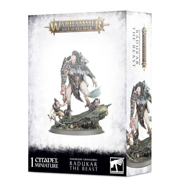 Packaging for Warhammer game featuring a plastic model kit of Radukar the Beast, showing the model on a box art.