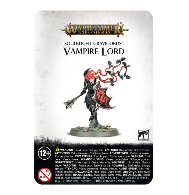 Packaging for Warhammer Soulblight Gravelords Vampire Lord miniature, featuring the assembled and painted model on a card with game instructions and warnings.