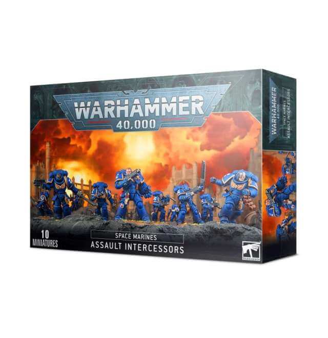 Packaging for Warhammer 40,000 Space Marines Assault Intercessors miniatures, featuring illustrations of the characters on a fiery background.