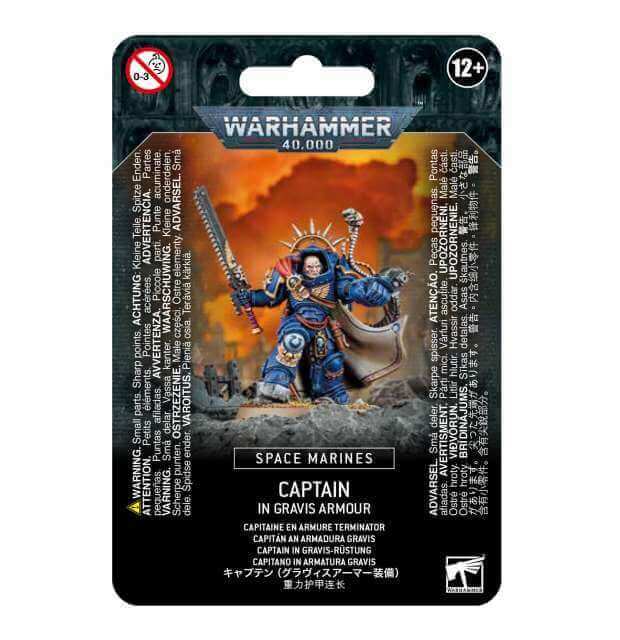 Packaging for Warhammer 40,000 Space Marines Captain in Gravis Armour miniature, featuring the assembled and painted model on the front.