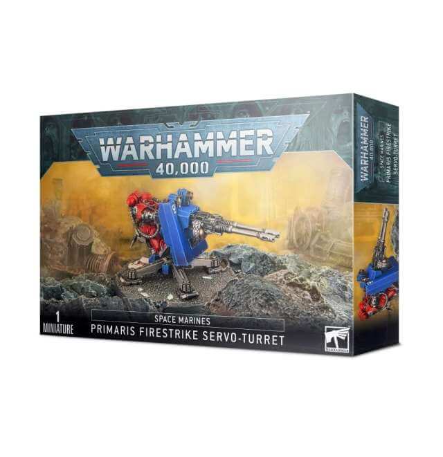 Packaging for Warhammer 40,000 Space Marines Primaris Firestrike Servo-Turret, featuring the model on a base that is placed on a rock-like surface.