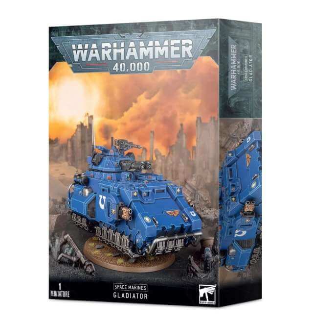 Product packaging for Warhammer 40,000 Space Marines Primaris Gladiator / Impulsor, featuring a blue space marine tank on the cover.