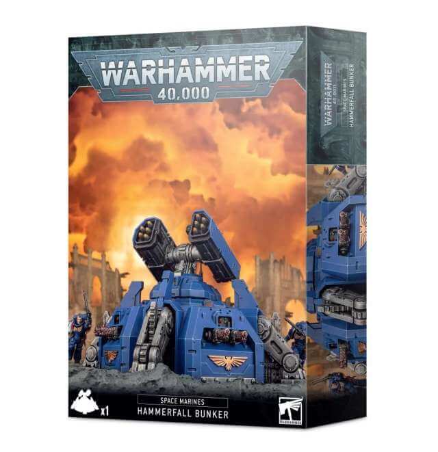 Product packaging for Warhammer 40,000 Space Marines Hammerfall Bunker, featuring an illustration of the bunker with Space Marine units and imperial symbols.