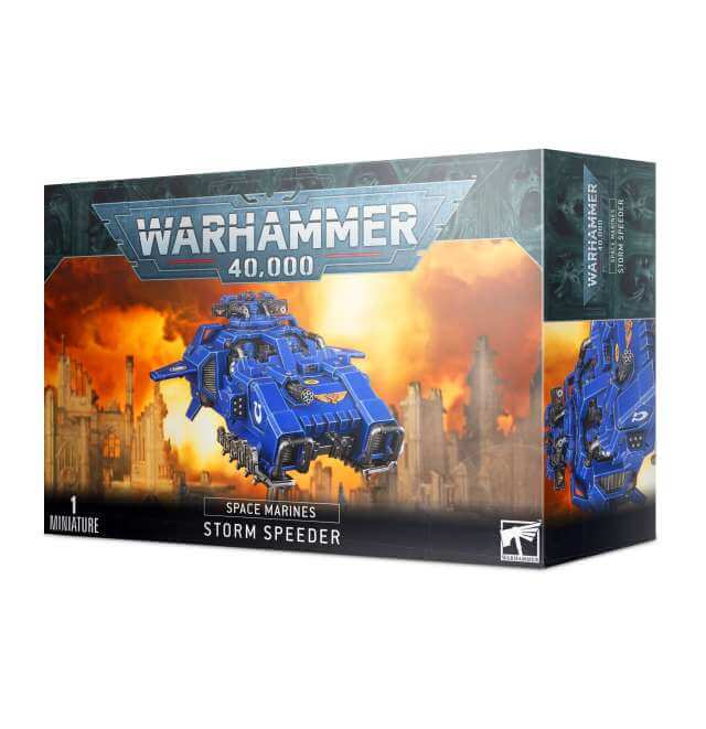 Packaging for Warhammer 40,000 Space Marines Storm Speeder, featuring a blue spacecraft against a cityscape background.
