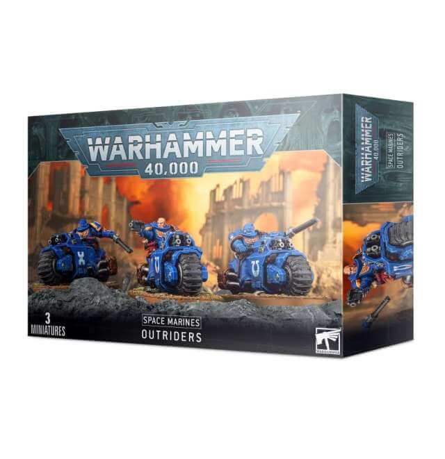 Boxed set of Warhammer 40,000 Space Marines Outriders miniatures, featuring three plastic figures on the front.