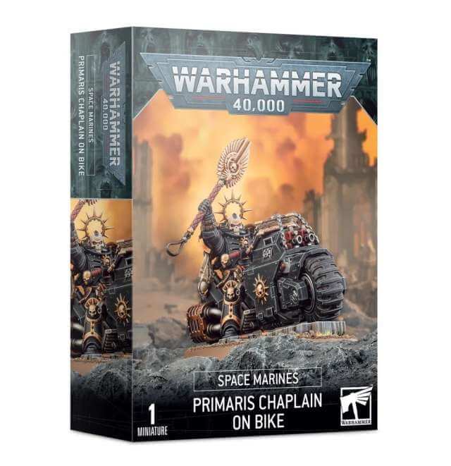 Product packaging for Warhammer 40,000 Space Marines Primaris Chaplain on Bike, showing the miniatures and the box art featuring the character.