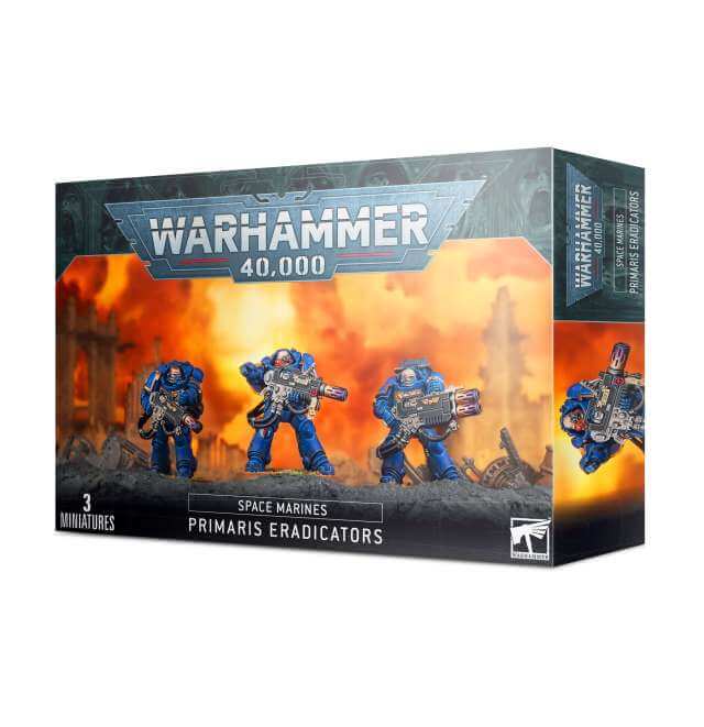 Packaging for Warhammer 40,000 Space Marines Primaris Eradicators miniatures, featuring three figures on a round base with a fiery backdrop.