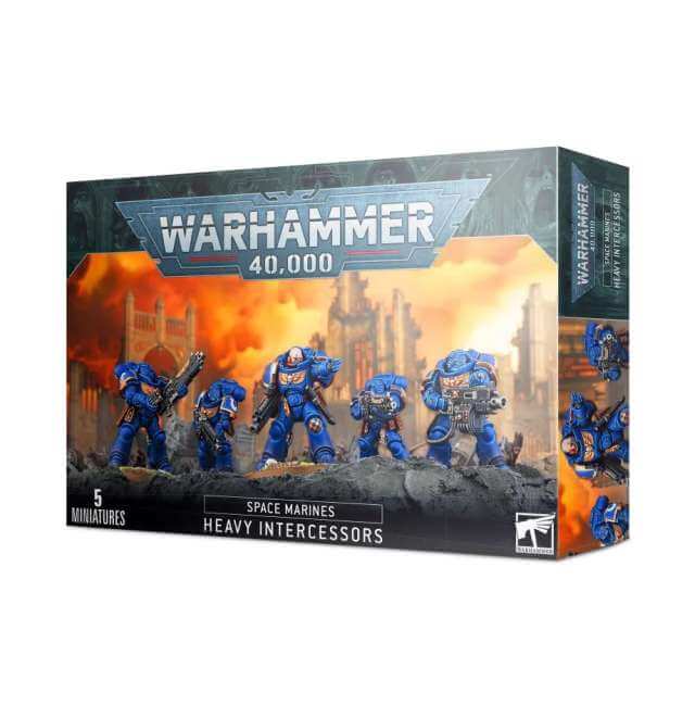 Box packaging for Space Marines Primaris Heavy Intercessors in the Warhammer 40,000 game, featuring five figures on the front with a blue and orange color scheme.