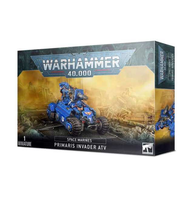 Product packaging for Warhammer 40,000 Space Marines Primaris Invader ATV, featuring an image of the toy vehicle on a box with sandstorm background.