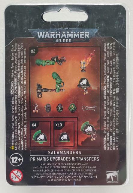 Packaging for 'Salamanders Primaris Upgrades & Transfers' kit, displaying various toy armors and accessories for the Warhammer 40,000 game.