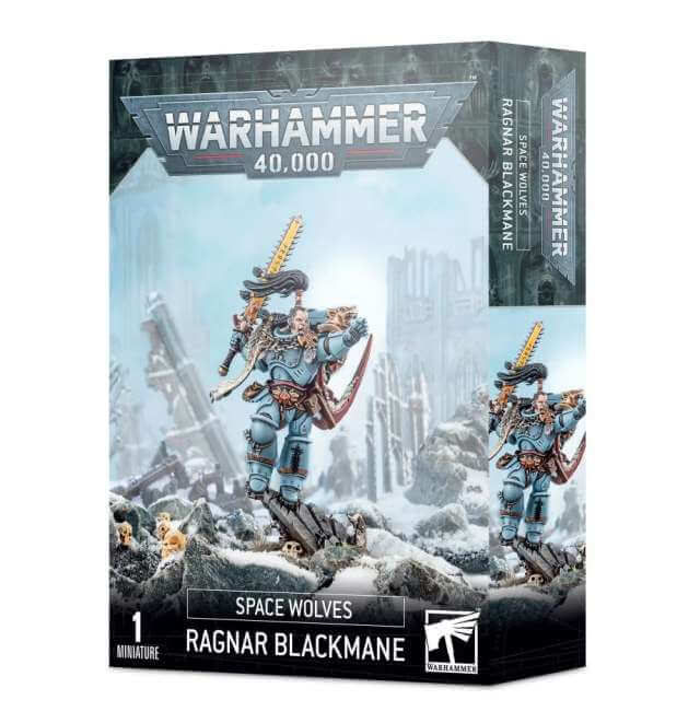 Product packaging for Warhammer 40,000 Space Wolves Ragnar Blackmane miniature, featuring the model on a base with a citadel backdrop.