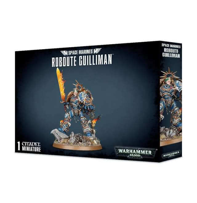 Product packaging for a Warhammer 40,000 Space Marines miniature, featuring an illustration of the character Roboute Guilliman on a base with Imperial eagle and burning torches.