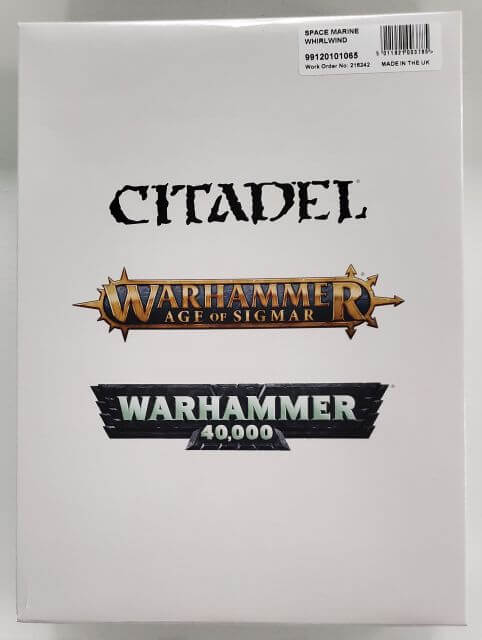 Packaging for Warhammer 40,000 Space Marines Whirlwind miniature kit featuring logos and product name.