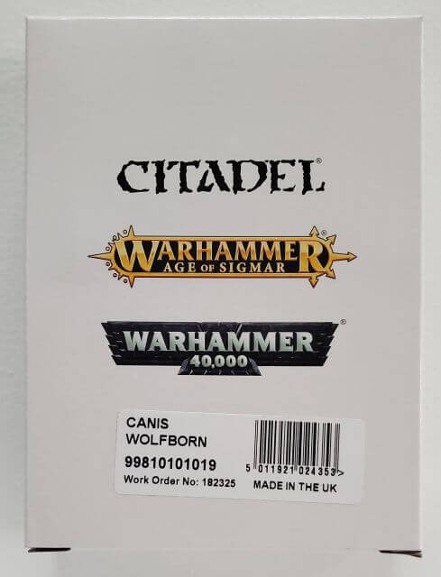 Packaging box for Citadel's Warhammer 40,000 Space Wolves Canis Wolfborn model kit, displaying the product name and the fact that it is made in the UK.