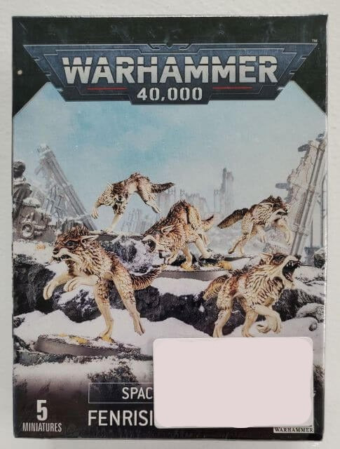 Packaging for Warhammer 40,000 Space Wolves Fenrisian Wolves miniatures set, featuring five plastic figures with interchangeable heads.