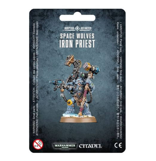 Packaging for the Space Wolves Iron Priest miniature, featuring the assembled and painted model on a card with 'Warhammer 40,000' and 'Citadel' branding.