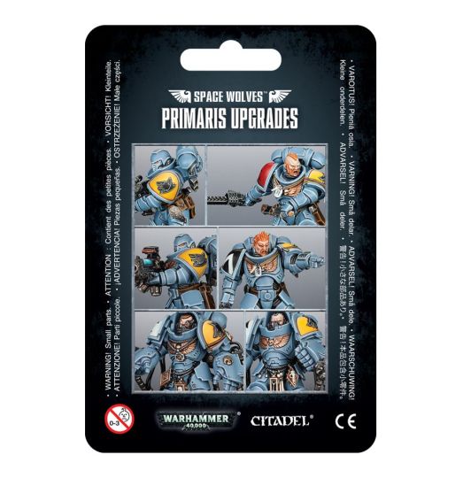 Packaging for 'Space Wolves Primaris Upgrades' featuring illustrations of Space Marines with different equipment and upgrades, including shoulder pads and heads with various hairstyles.
