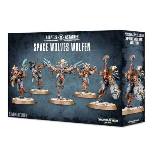 A boxed set of five Space Wolves Wulfen miniatures, each highly detailed with fur and armor, equipped with weapons such as axes and shields, against a dark themed packaging.