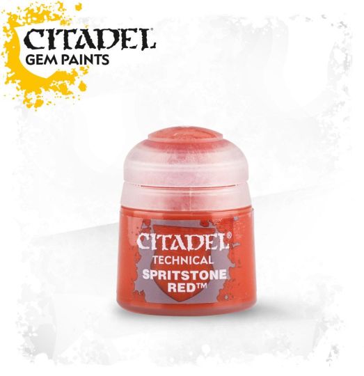 A pot of Citadel Technical paint in Spiritstone Red color, used for model painting.