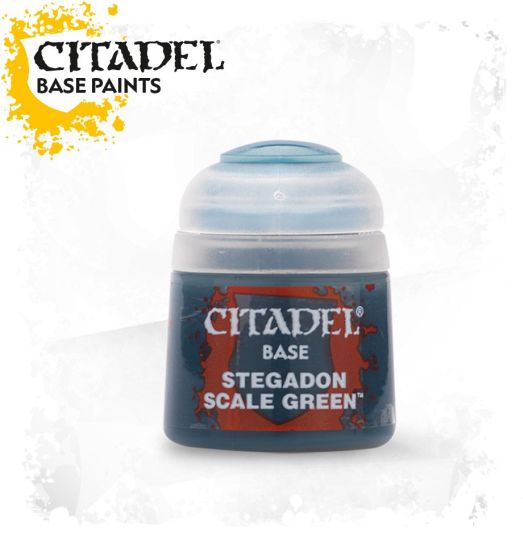 A pot of Citadel Base paints in the color Stegadon Scale Green.