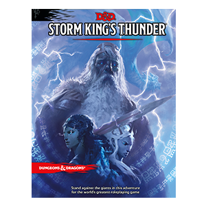 Cover art for D&D 5th Edition Storm King's Thunder supplement, featuring a dramatic depiction of a giant character with a staff, lightning, and other fantastical elements.