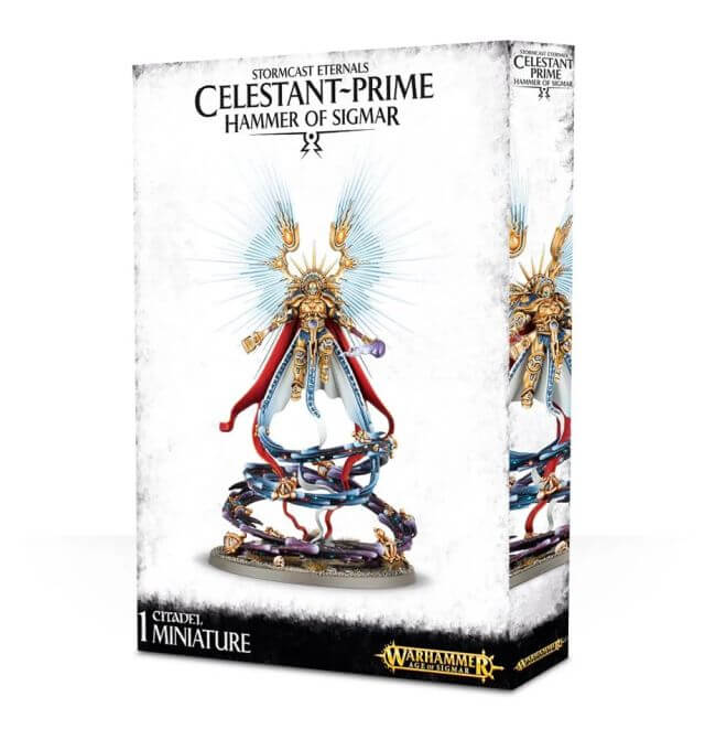 Packaging for Stormcast Eternals Celestant-Prime miniature, featuring a multi-part plastic kit of a fantasy figure with a hammer and sceptre, on a white background.