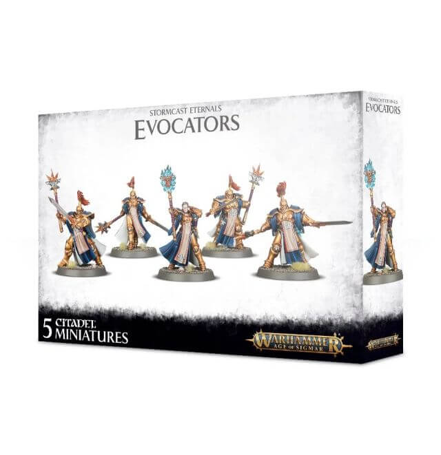 Packaging for Stormcast Eternals Evocators miniature figures showing five assembled characters on a box cover with ornate armor and magical symbols.