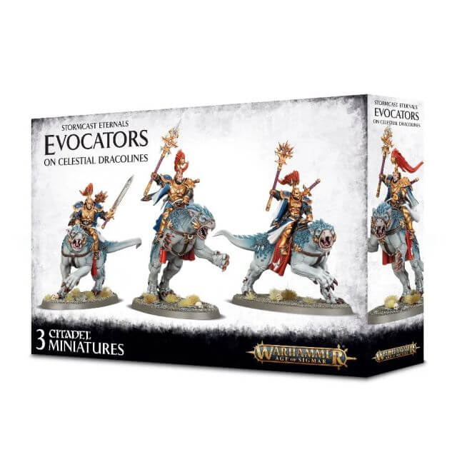 Packaging for 'Stormcast Eternals Evocators on Celestial Dracolines' miniature figures, displaying three assembled miniatures on a box with Games Workshop branding.
