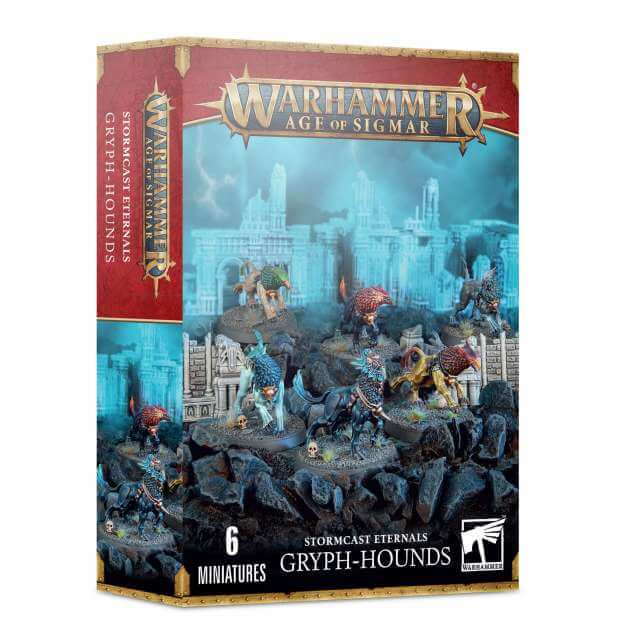 Packaging for Warhammer Age of Sigmar Stormcast Eternals Gryph-hounds miniatures, showing six assembled Gryph-hound figures against a fantasy cityscape background.