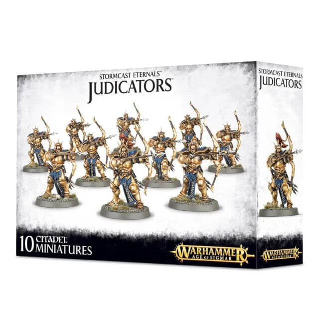 Product image of Warhammer Stormcast Eternals Judicators miniature figures, showing 10 painted metal miniatures in a box with the title on top.