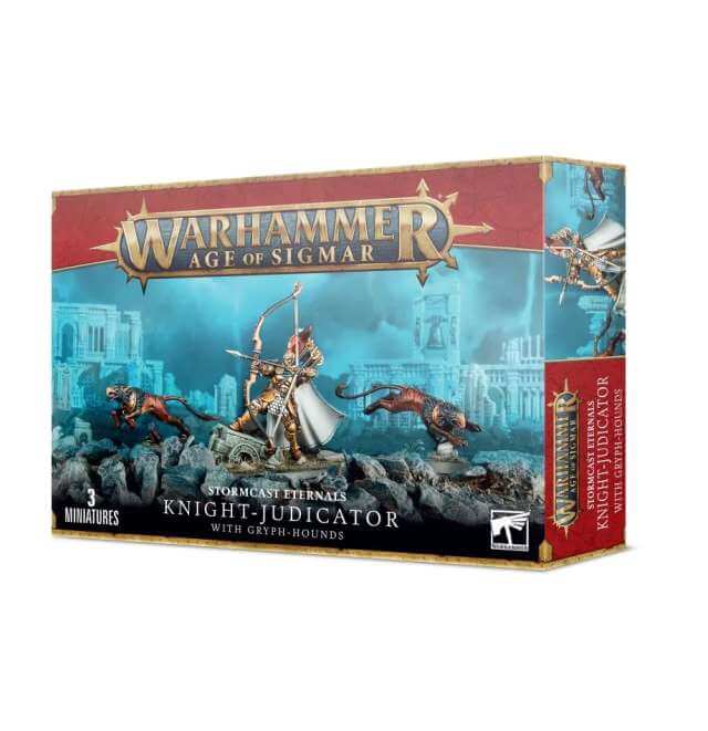Product packaging for Warhammer Age of Sigmar, featuring an illustration of a knight miniature with accompanying dogs, on a red and blue design background.