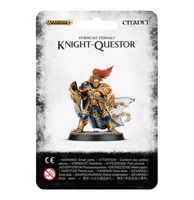 An image of the Stormcast Eternals Knight-Questor model from Games Workshop, showing the assembled and painted figure on a card with the product name and warning labels.