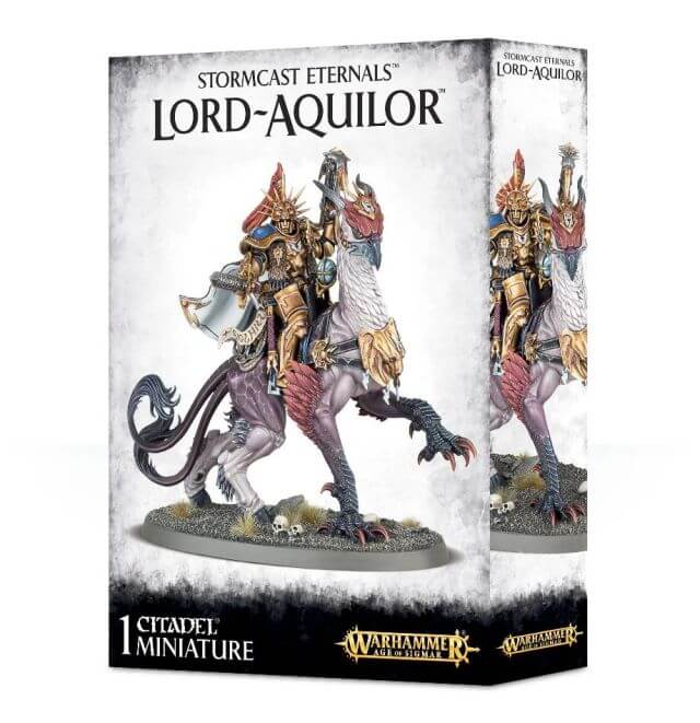 Packaging for Stormcast Eternals Lord-Aquilor miniature, featuring the assembled and painted model mounted on a Gryph-charger with detailed armor and weapons, displayed in a box with Games Workshop branding.