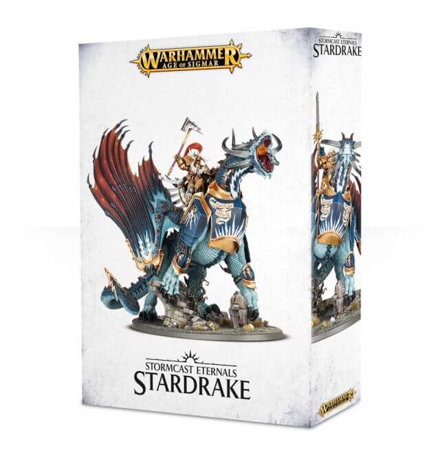 Product packaging for 'Stormcast Eternals Lord-Celestant on Stardrake' featuring a detailed plastic model kit of a fantasy creature, with options for different armors and weapons, displayed in a box.
