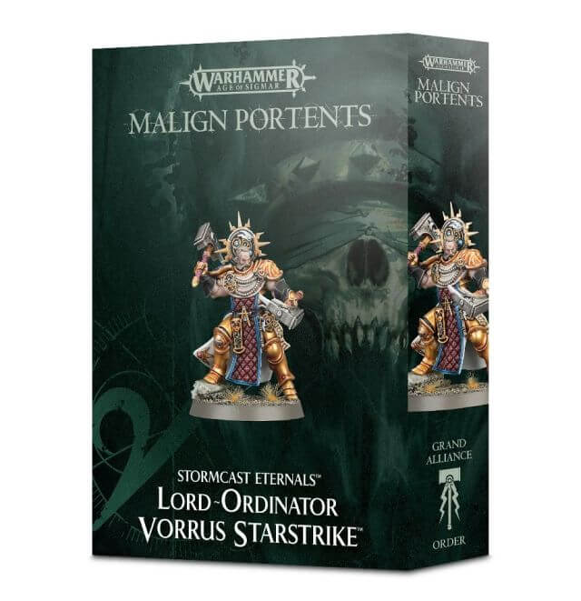 Product packaging for Warhammer Stormcast Eternals Lord-Ordinator Vorrus Starstrike miniature, featuring the assembled and painted model on a display stand.